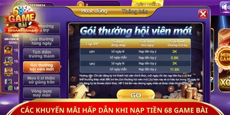 Các khuyến mãi hấp dẫn khi nạp tiền 68 game bài